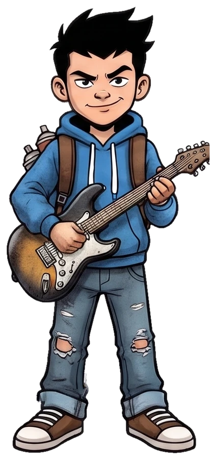 Boost — guitarist in a blue hoodie with a guitar